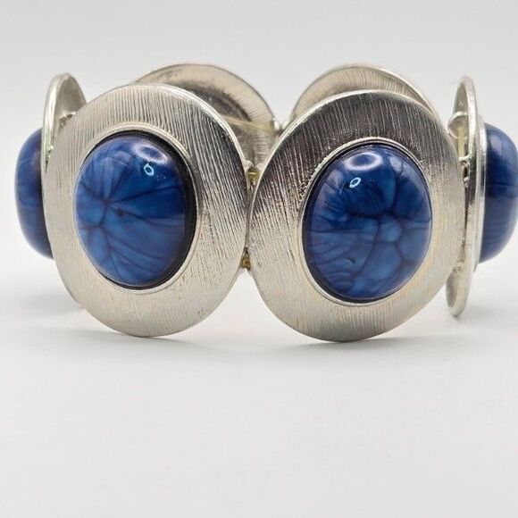Large‎ Silvertone and Blue Cabochon Discs Stretch Cuff Bracelet - Picture 2 of 6